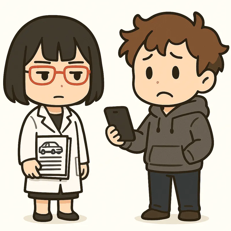 クラが困り顔でスマートフォンの画面をシキに見せ、シキが書類の束を持っている