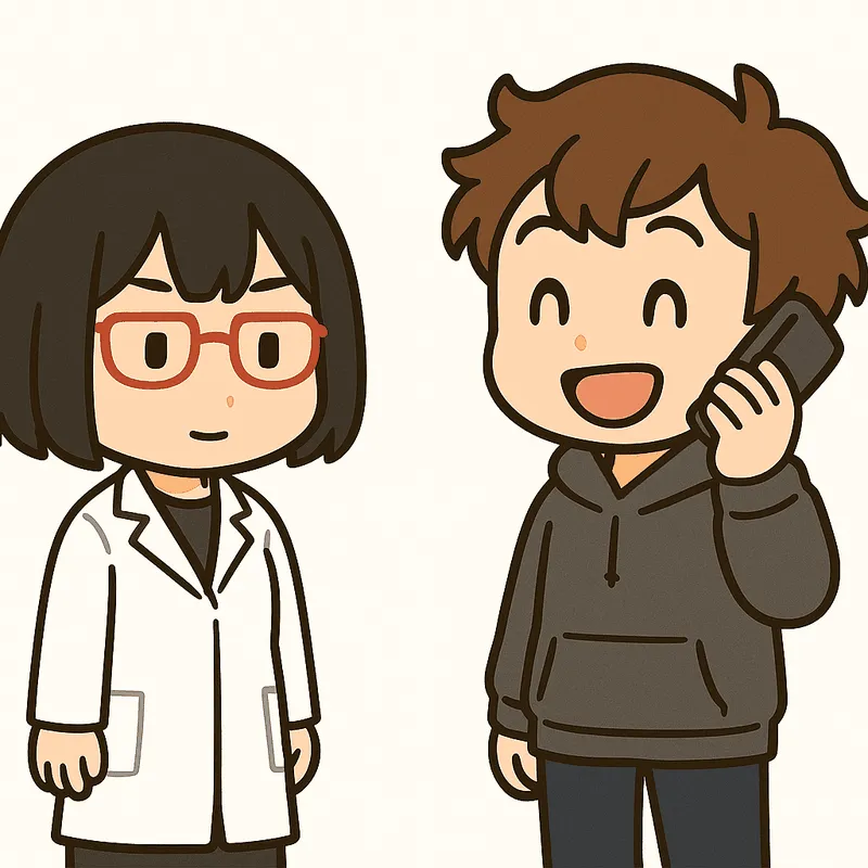 クラがスマートフォンで電話をかけて明るい表情、シキが小さくうなずく