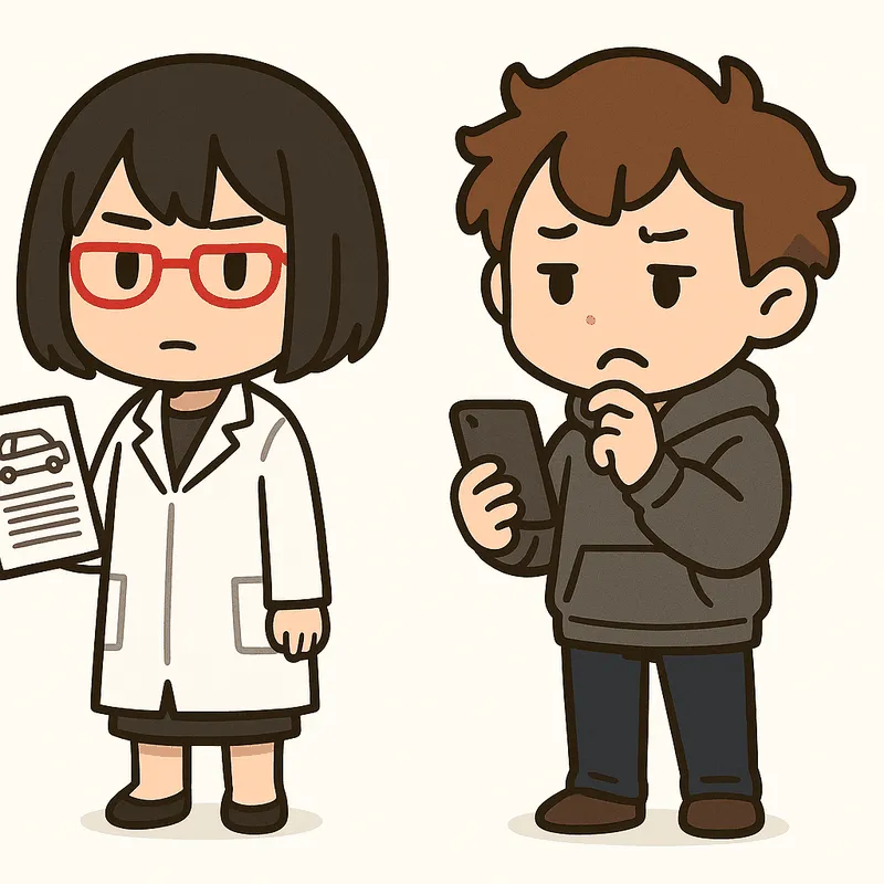 クラがスマートフォンを見ながら首をかしげ、シキが書類の束を持っている