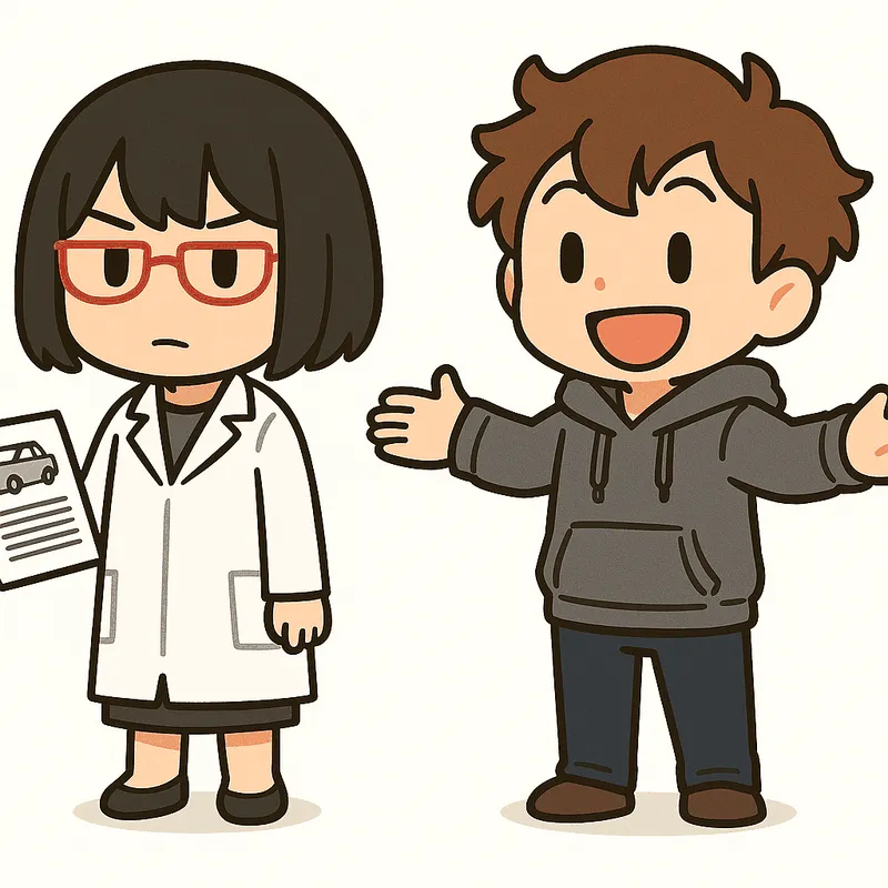 クラが楽しそうに両手を広げて話し、シキが書類の束を持っている