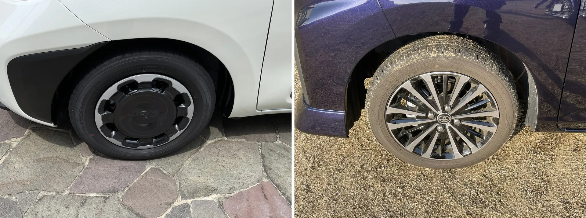 左がシエンタZの185/65R15と樹脂フルキャップ付きスチールホイール、右がルーミー カスタムG-Tの175/55R15とアルミホイール