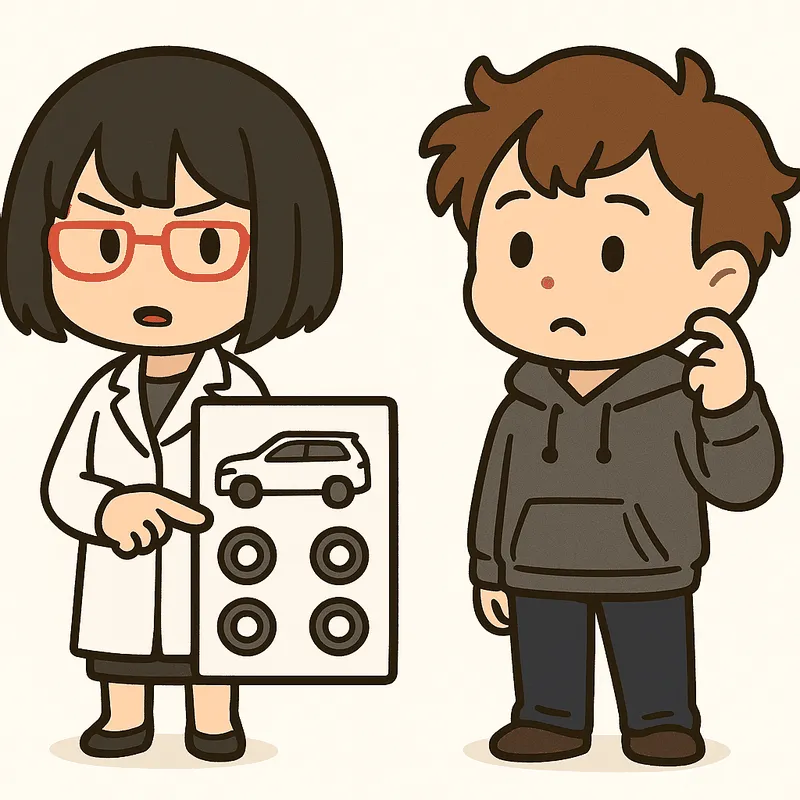 シキがSUVの下まわりとタイヤの図解を指し示し、クラが首をかしげる