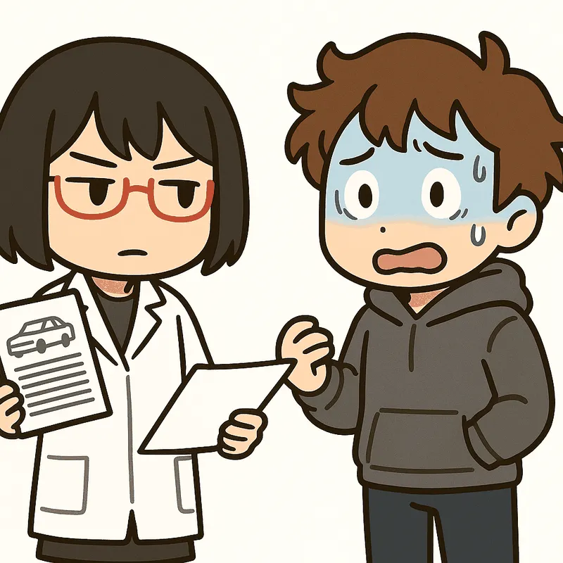 クラが青ざめて冷や汗をかき、隣でシキが書類を開いたまま説明している