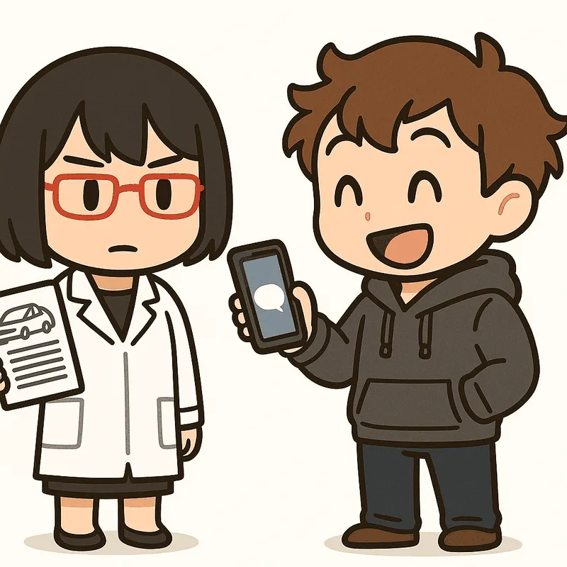 クラがスマートフォンの画面を見せながら楽しそうに話し、シキが書類の束を持っている