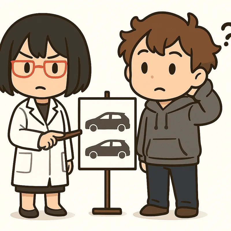 シキが長さの違う2台の車のシルエットを並べた図解を指し、クラが首をかしげる