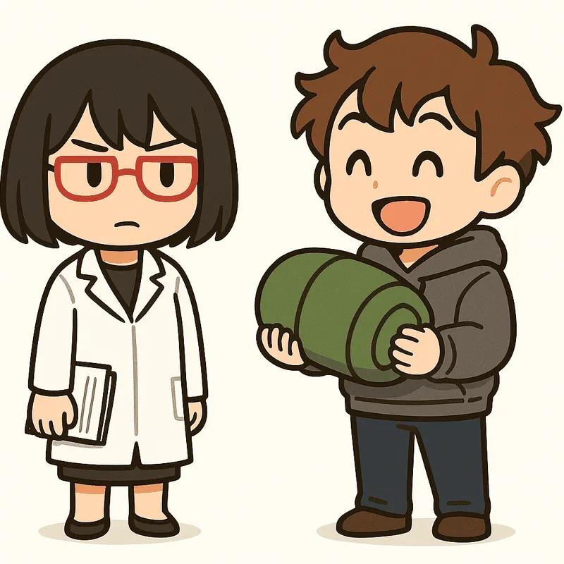クラが丸めた寝袋を抱えて楽しそうに話し、シキが書類の束を持っている