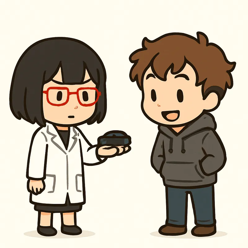 シキが黒い小さなミニカーを手のひらに載せて示し、クラがのぞき込んでいる