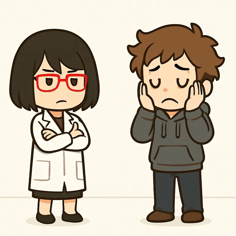 クラが両手を頬に当てて困った顔をし、シキが腕を組んで立っている