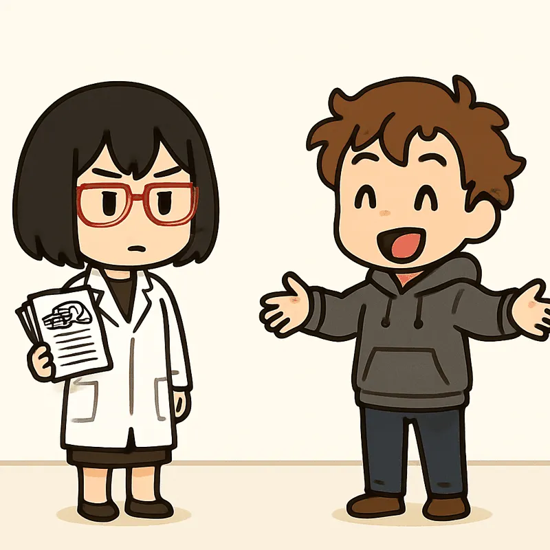 クラが両手を広げて嬉しそうに話し、シキが書類を持って冷静に立っている