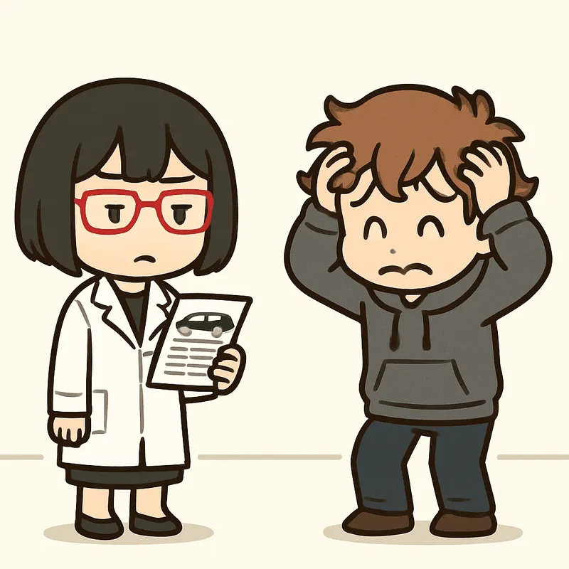 クラが両手で頭を抱えて困り、シキが書類を見たまま立っている