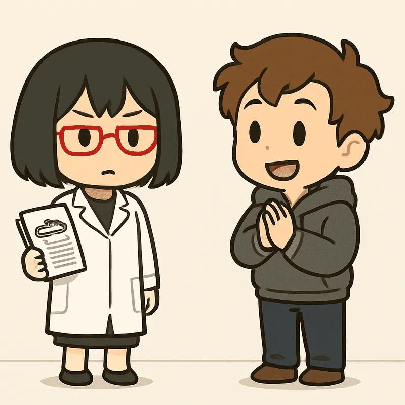 クラが両手を胸の前で合わせて期待した顔をし、シキが書類を持って冷静に立っている