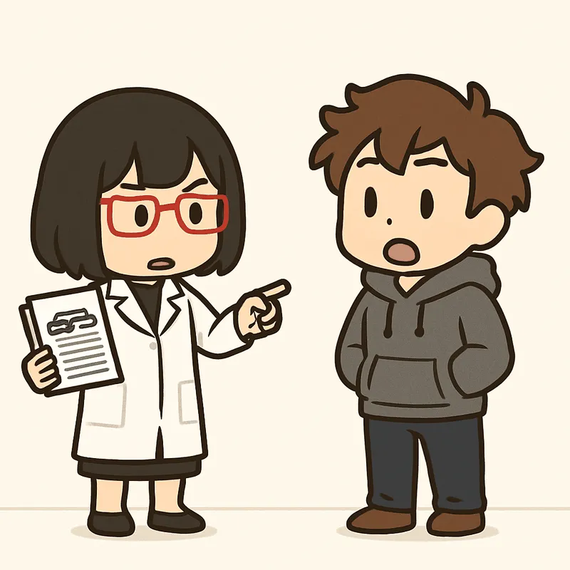 シキが書類を指さして説明し、クラが目を丸くして驚いている
