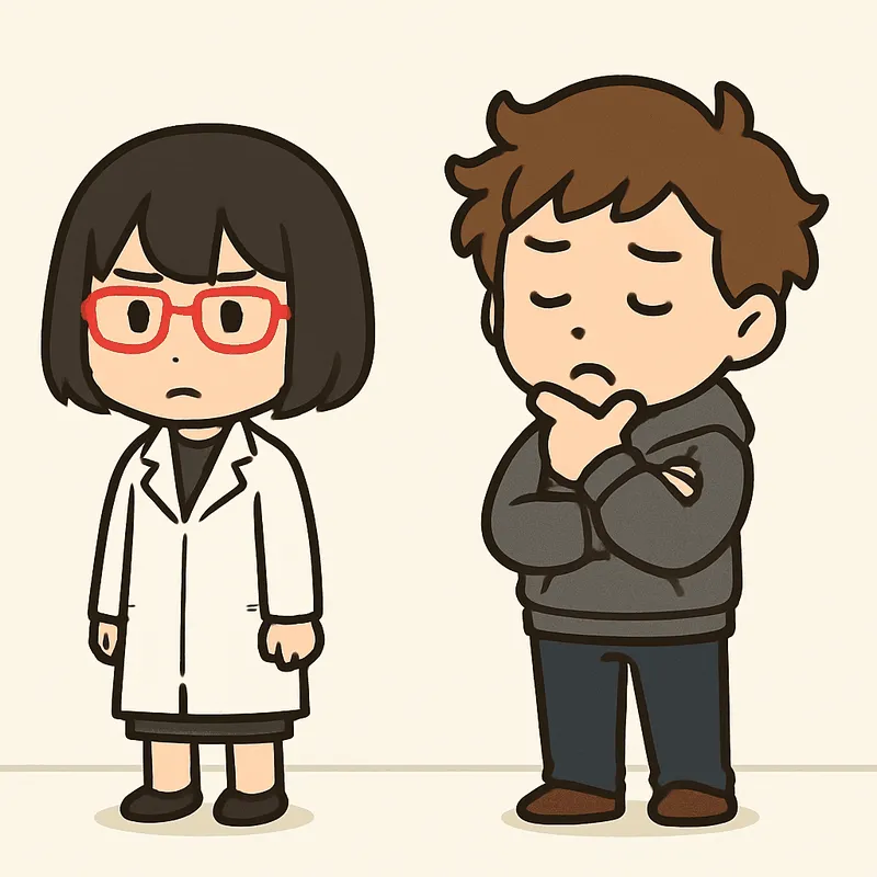 クラが腕を組んで首をかしげ、シキが静かに立っている
