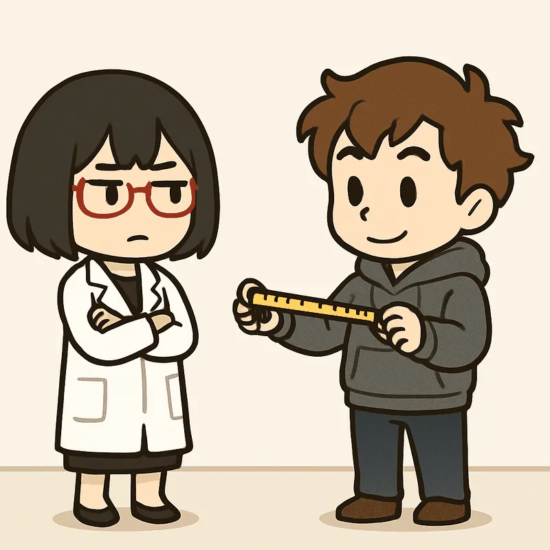 クラが巻き尺を構え、シキが腕を組んで見ている
