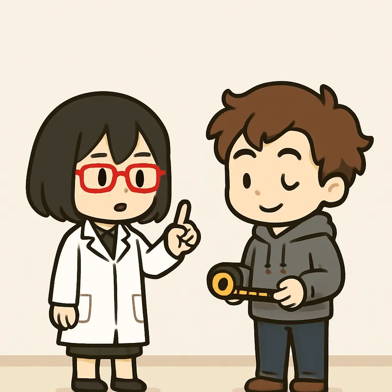 シキが人差し指を立てて説明し、クラが巻き尺を持ったままうなずいている