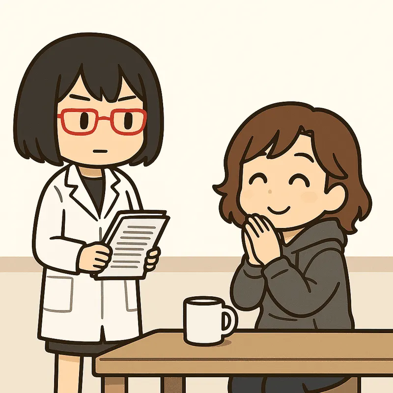クラが両手を顔の横で合わせてうれしそうに上を見上げ、シキが書類を持って横に立っている