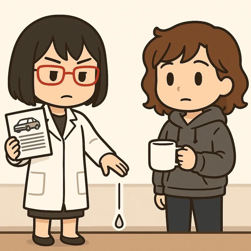 シキが紙を掲げ、もう一方の手のひらを下へおろして数字が下がることを示している。クラの笑顔が消えている