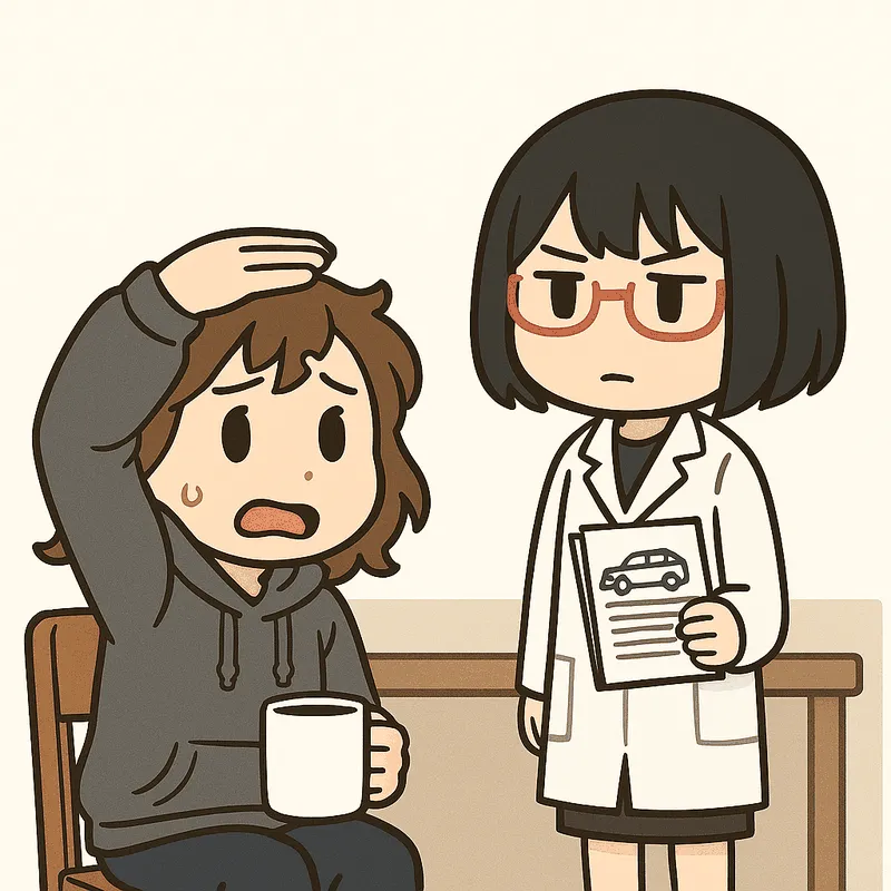 クラが椅子に座ったまま自分の頭の上に手をかざし、天井にぶつかる高さを確かめて困った顔をしている