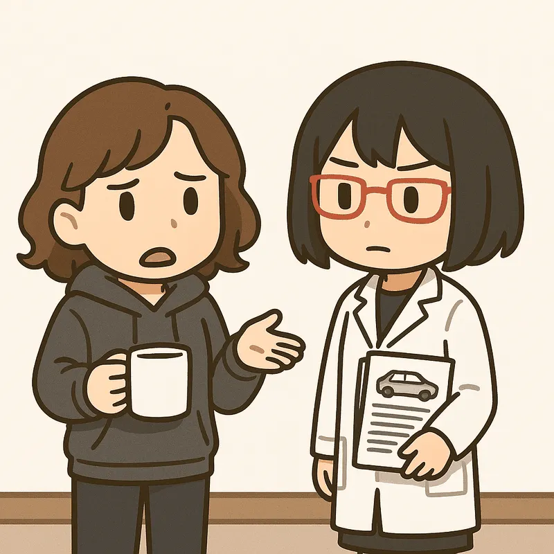 クラが眉を寄せて首をかしげ、片手を広げてシキに質問している。シキは書類を持って立っている