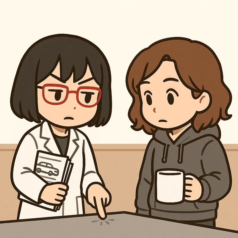 シキが机の面を指1本で指し、硬いものを示すように説明している。クラがその指先を見ている