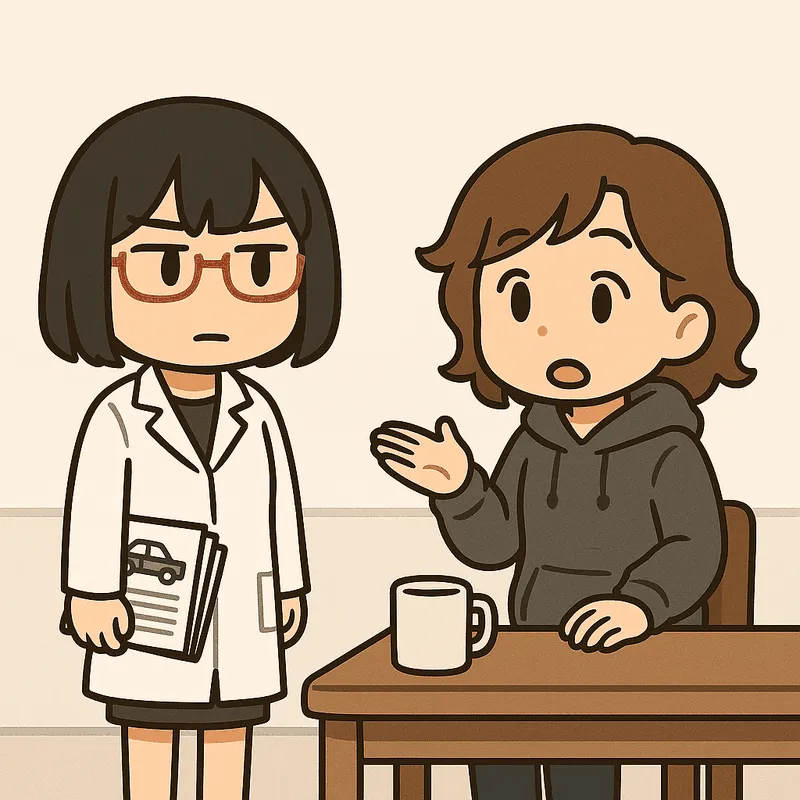 クラが手のひらを横に振るしぐさで不安そうに問いかけ、シキが表情を変えずに立っている