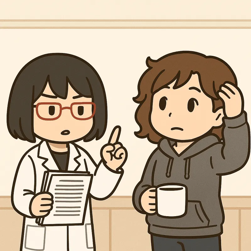 シキが天井のほうを指さして説明し、クラが自分の頭の上に手をあてて考えている