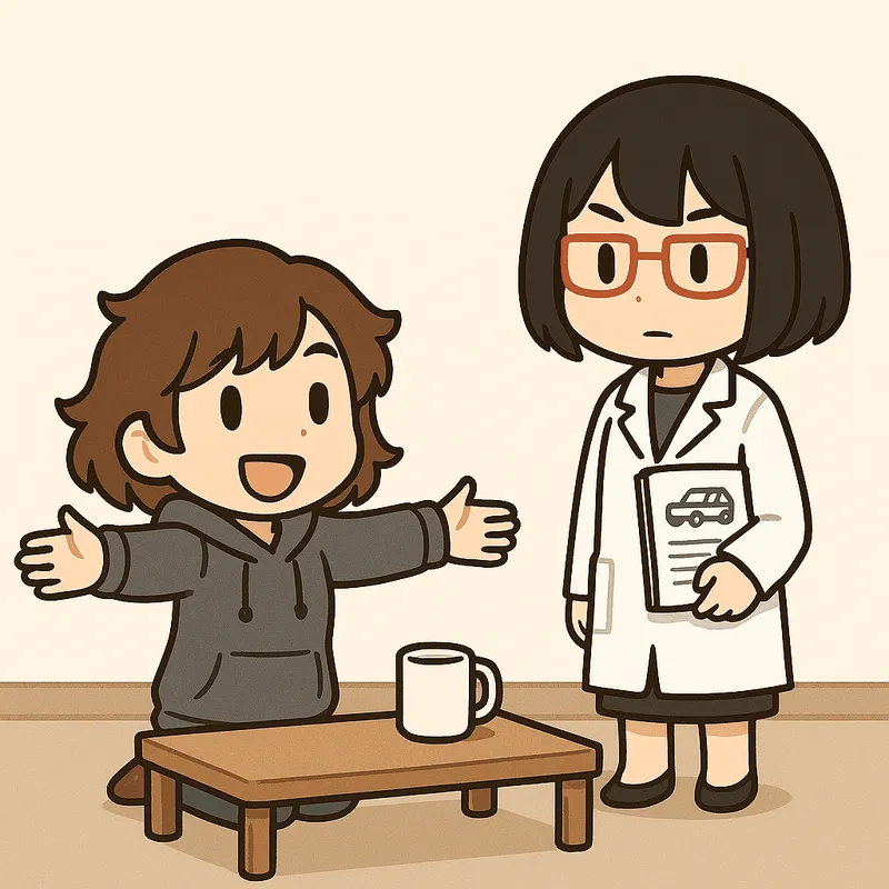 クラが両腕を大きく広げて長さを測るしぐさをし、シキが書類を持って横で見ている