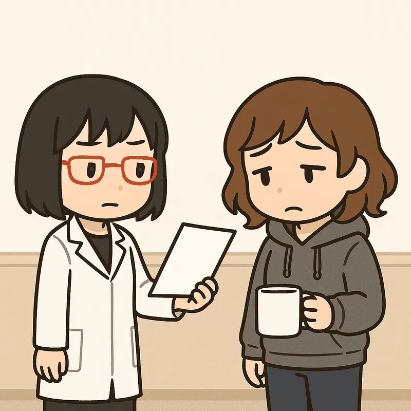 シキが1枚の紙をクラのほうへ向けて示し、クラが肩を落として見ている