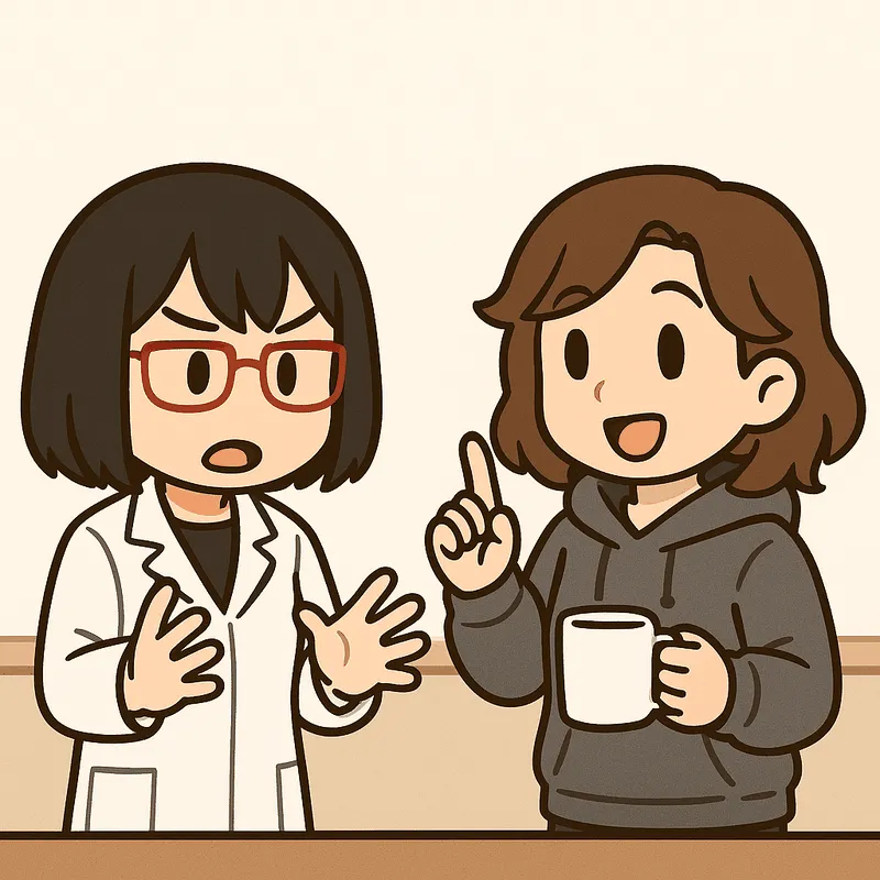 シキが両手を左右に開いて分け方を示し、クラが人差し指を立てて気づいた顔をしている