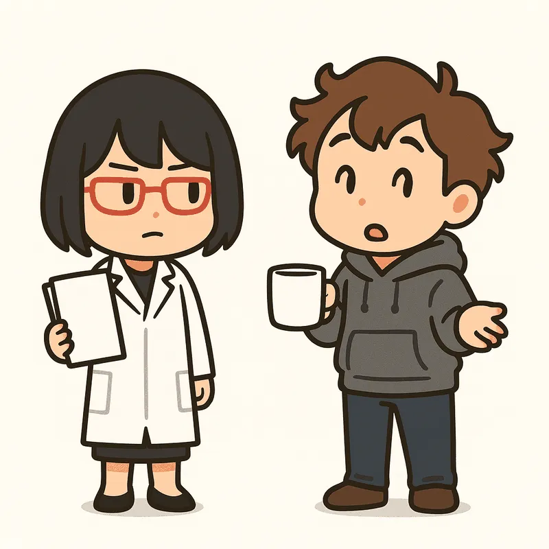 クラがマグカップを持ったまま手のひらを上に向けて質問し、シキが書類を抱えて聞いている