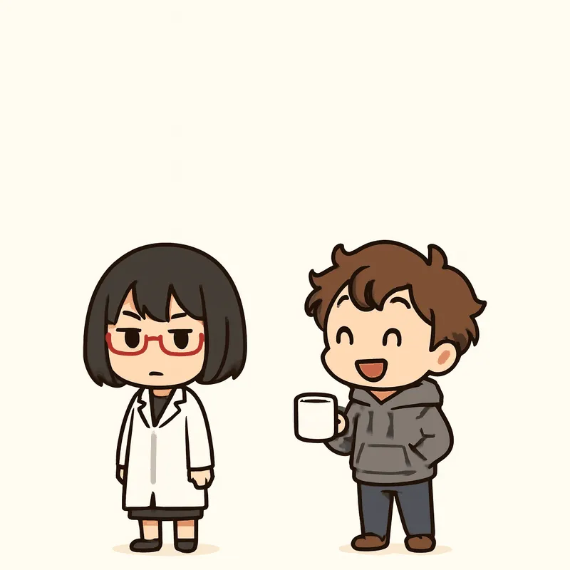 白衣のシキが左に半眼の真顔で立ち、右のクラがマグカップを片手に笑いながら話しかけている。2人は画面の下半分に小さく描かれている