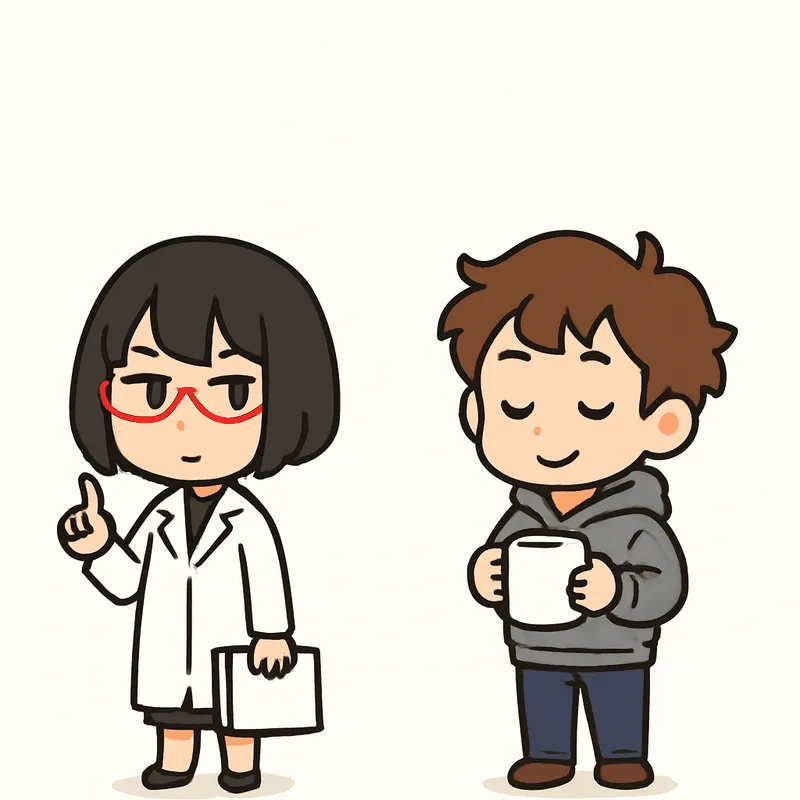 シキが人差し指を1本立てて順番を示し、クラがマグカップを両手で持ったままうなずいている
