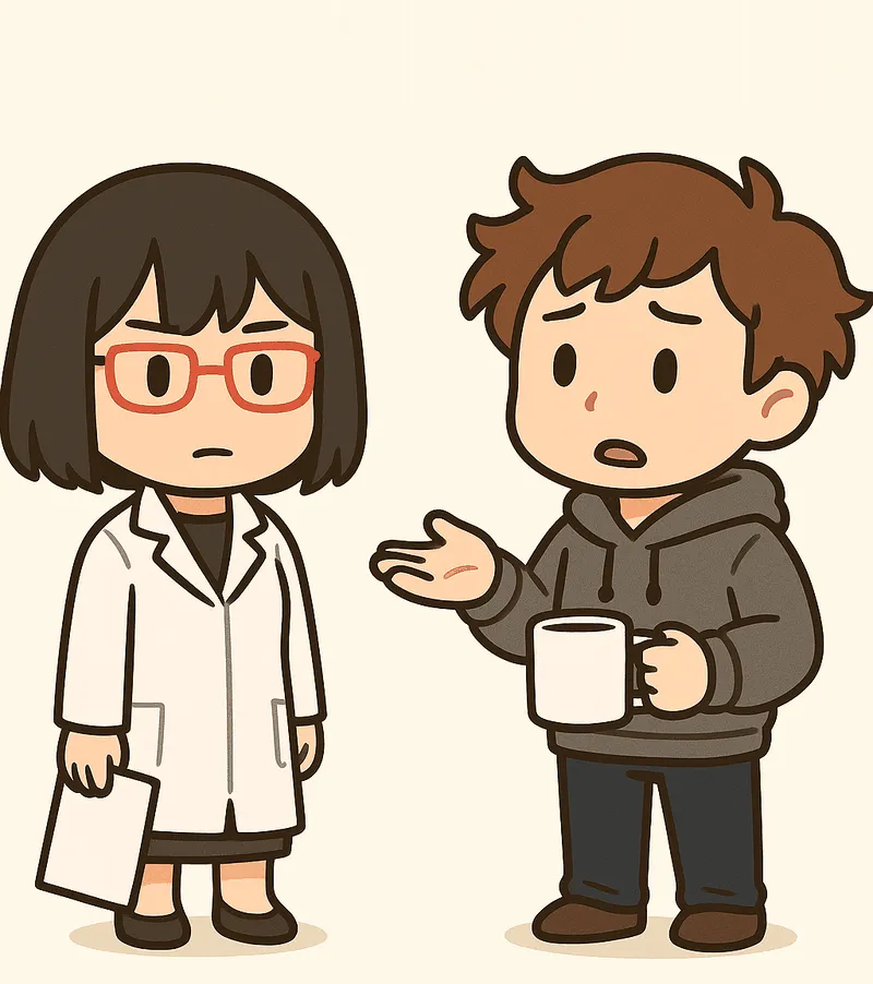 クラが眉を下げてマグカップを持ち、片手を差し出してシキに問いかけている。シキは白紙を手に下げ、表情を変えずに立っている