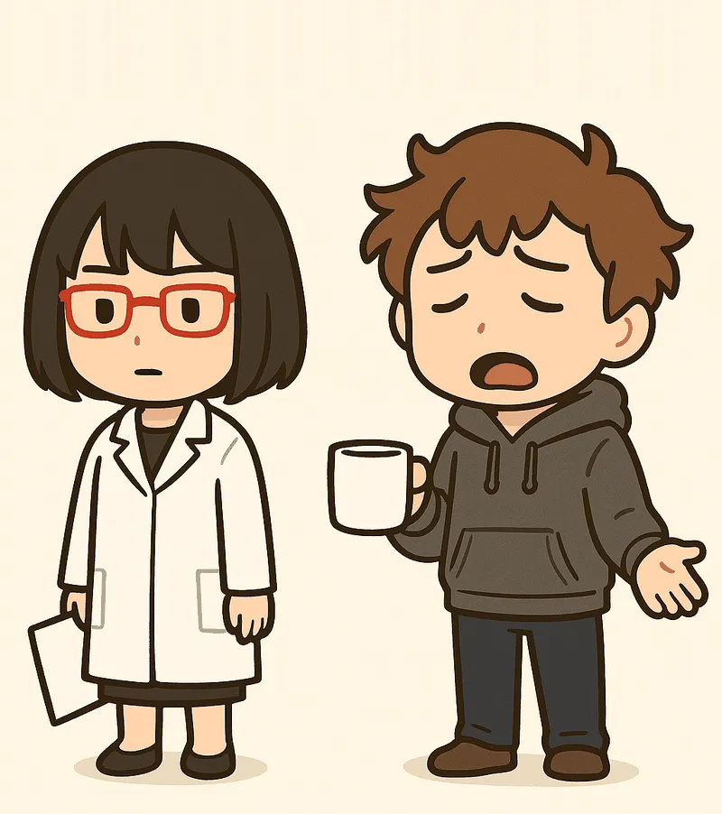 クラが目を閉じて口を開け、マグカップを持ったまま片手を横に広げてがっかりしている。シキは白紙を手に下げ、同じ表情のまま横に立っている