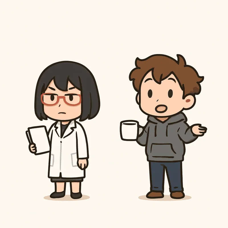 クラがマグカップを持ち、もう片方の手を開いてシキに尋ね、シキは書類の束を手に下げて立っている