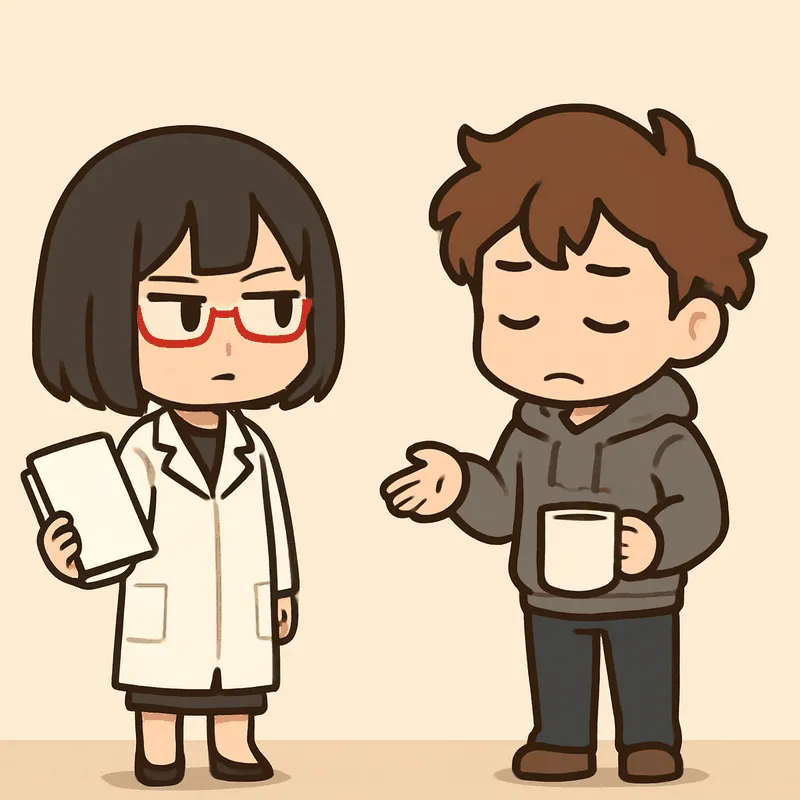 クラが手のひらを上に向けて肩を落とし、シキが書類を下ろして横を見ている