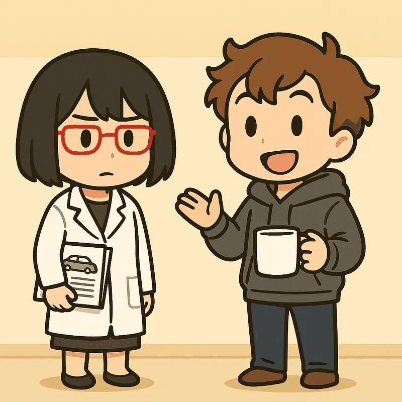 シキが書類の束を持って立ち、クラが片手のひらを上に向けて笑顔で話しかけている