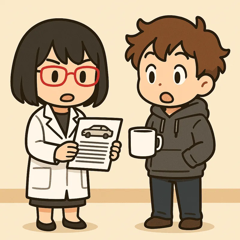 シキが紙を1枚持って口を開いて話し、クラが目を丸くしてマグカップを持っている