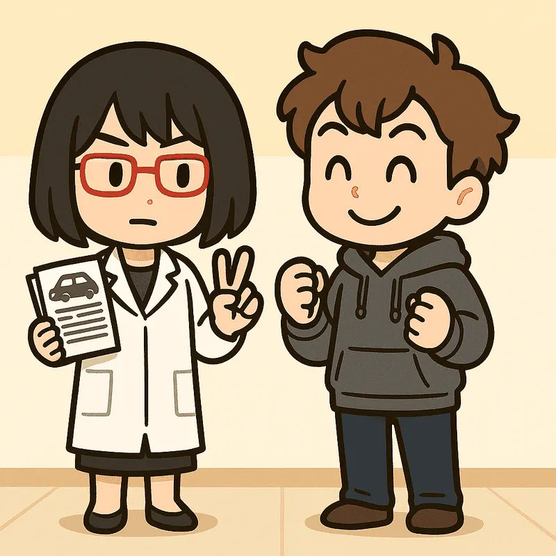 シキが書類を持ったまま指を2本立てて示し、クラが指を1本立てて笑っている