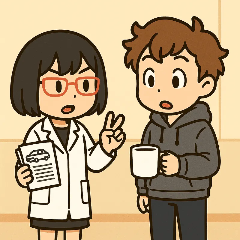 シキが指を2本立てて数を示しながら話し、クラが目を丸くしてマグカップを持っている