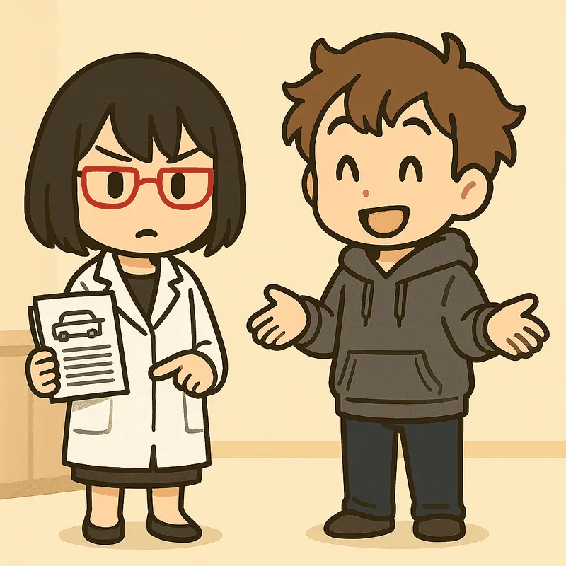 シキが書類を持って立ち、クラが両手を軽く広げて笑っている