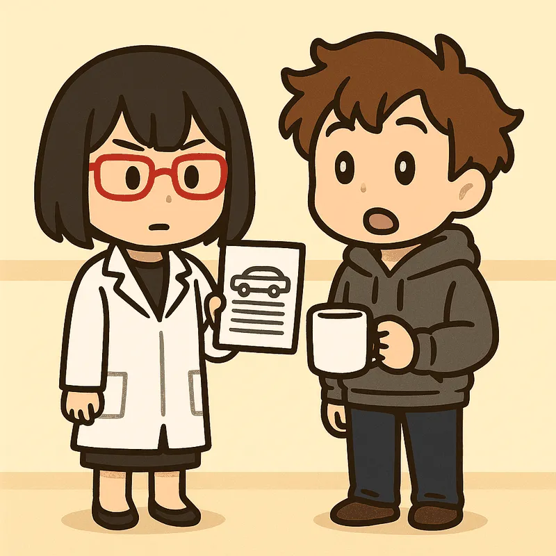 シキが紙を1枚だけ胸の高さに示し、クラがマグカップを持ったまま口を開けて驚いている