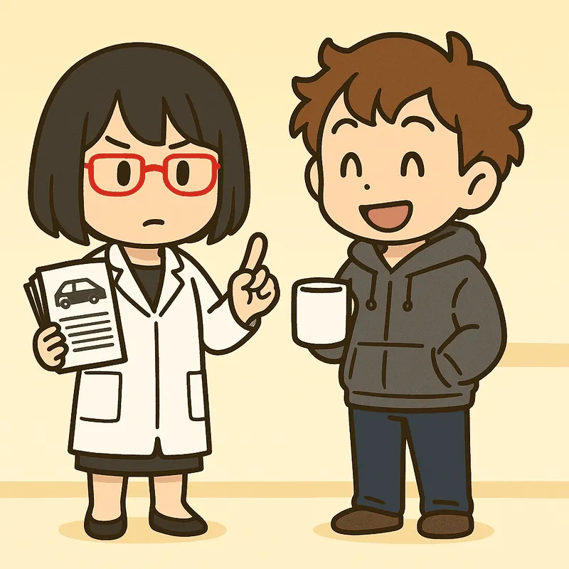 シキが人差し指を1本立てて示し、クラがマグカップを持って笑っている