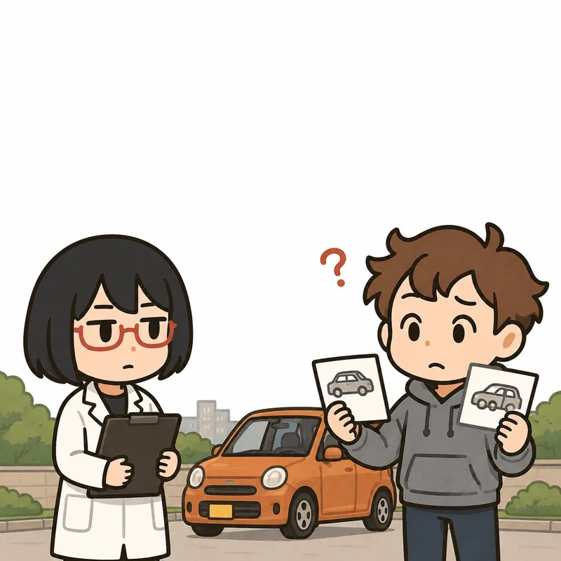 クラが2枚の車両カードを見比べて迷い、シキが書類を持って聞いている