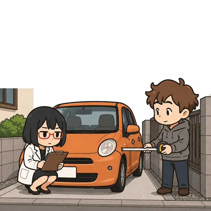 クラが車庫と軽自動車の幅を見比べ、シキが隣で確認している