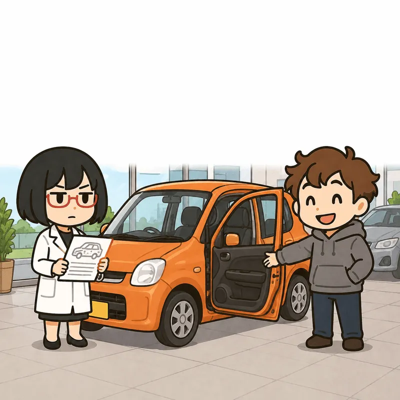 シキとクラが販売店でオレンジ色の軽自動車のドア開口部を確認している