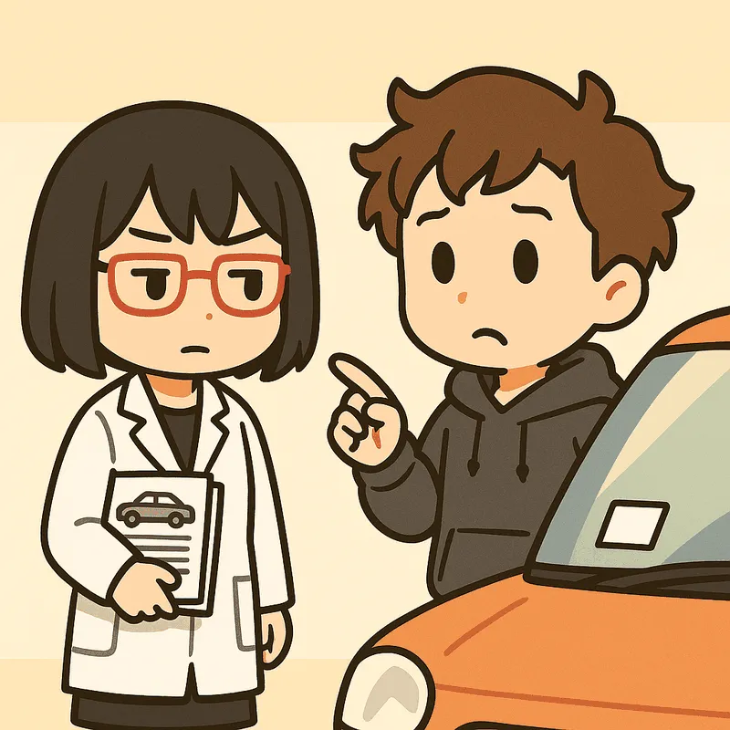 クラが人差し指で前方を指さし、シキが書類の束を抱えて横に立っている。背景にオレンジ色の車の前部と、フロントガラスの内側に貼られた白い四角い紙片