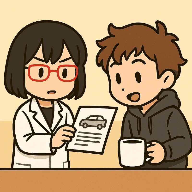 シキが紙を1枚差し出し、クラがマグカップを持ったまま口を開けてのぞき込んでいる