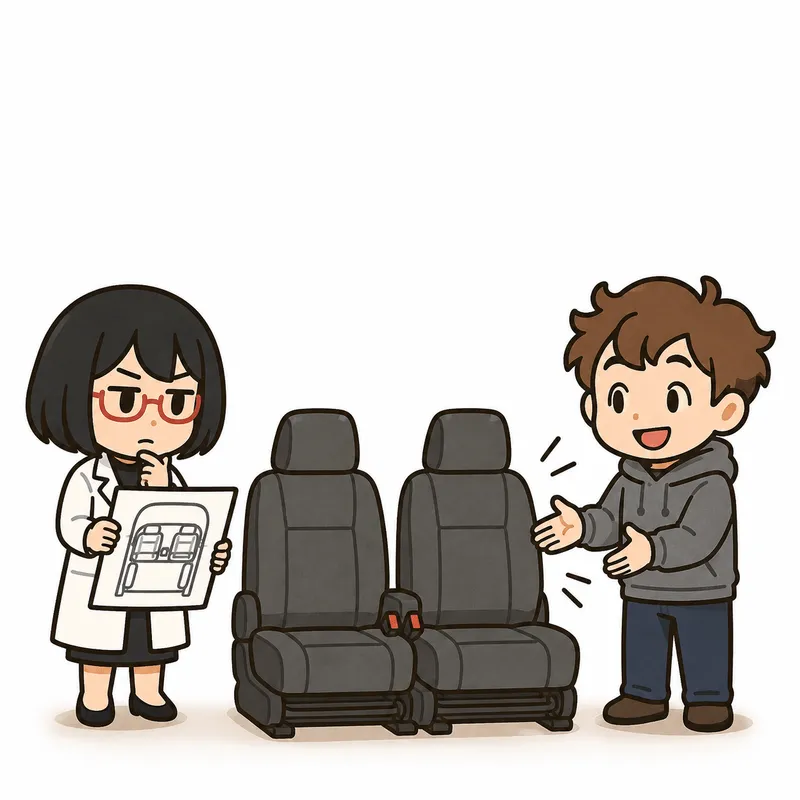 クラが並んだ2脚のシートの肘まわりを示し、シキが室内図を確認している