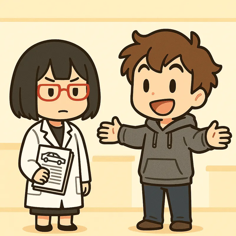 シキが書類の束を持って立ち、クラが片手を横に広げて笑顔で話している